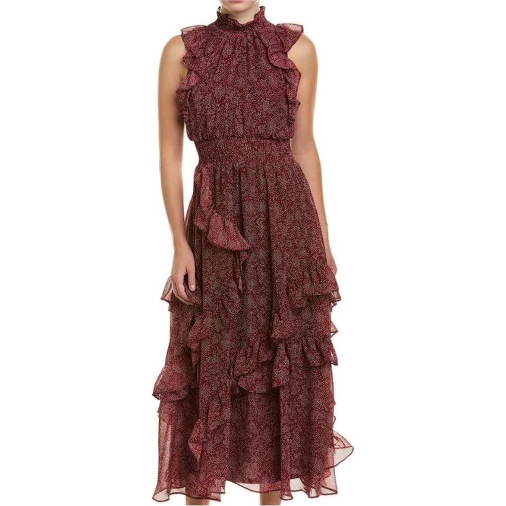 Avec Les Filles Red/Maroon Ruffle Dot Maxi Dress Sz 10
